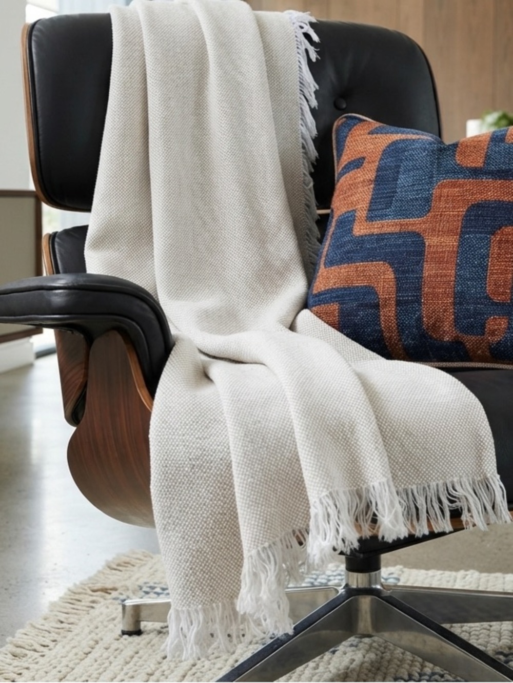 SFERRA Luxury 100% Cotton Textured Throw 50x60 Made in Portugal Neutral Fringe